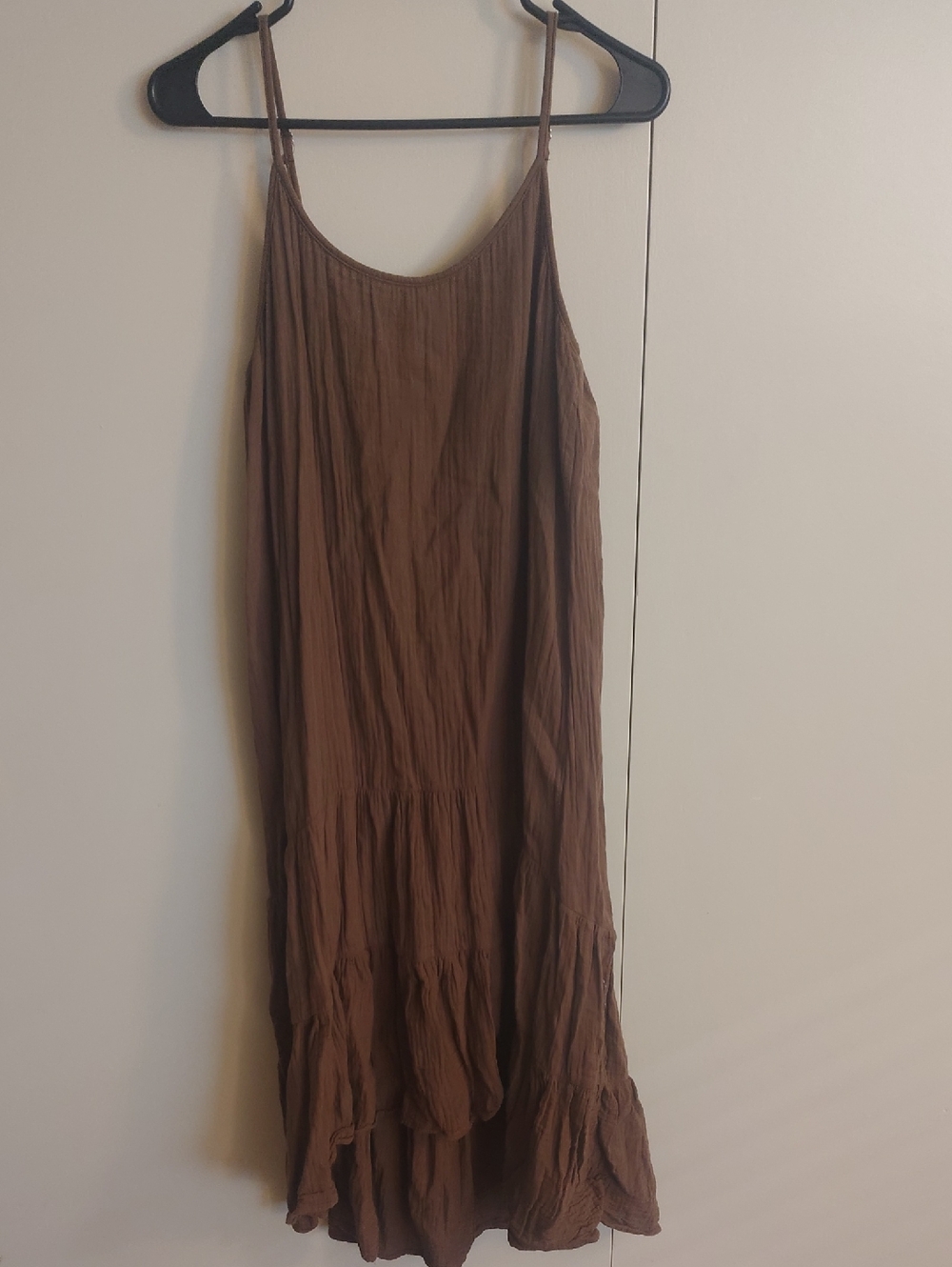 DREW Brown Spaghetti-Strap Tiered Midi Dress